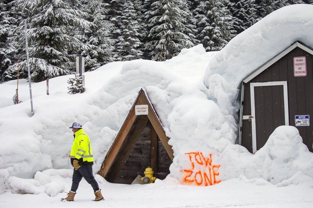 Tyler Gangnes, a member of the Sahalie Ski Club, puts fresh spray paint to mark a fire hydrant and private parking for club members along the road, Jan. 30, 2021. Gangnes said the crowds have been building the last five years or so, but “this year it’s multiplied by three at least.” Because of the pandemic, they have less cars than usual, but the shuttles aren’t running — so if parking gets taken up by the general public, their members can’t access the area. (Bettina Hansen / The Seattle Times)
