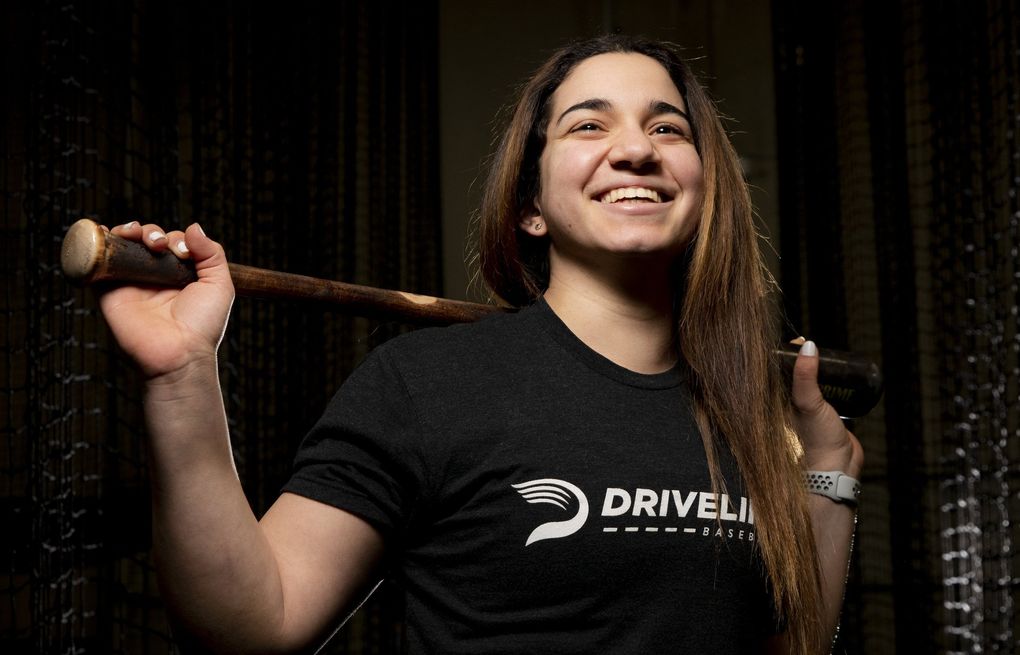 Second baseman Luisa Gauci, seen this week at Driveline Baseball in Kent, has signed a letter of intent to play for Green River Community College in 2022, which would make her the first female baseball player in the Northwest Athletic Conference. Currently she’s an intern at Driveline, a data-driven gym for player development. (Bettina Hansen / The Seattle Times)