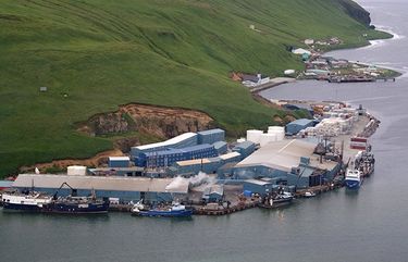 The Trident Seafoods plant on the remote island of Akutan is one of the largest fish and crab processing facilities in North America. In January of 2021, it was the site of a COVID-19 outbreak among workers.