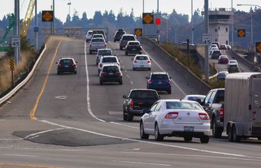 Drivers cross over the First Avenue South bridge Monday, October 26, 2020.  
The southbound bridge will take lane closures this winter to repair damaged bearings under the deck. This will worsen delays for drivers already stymied by the West Seattle Bridge closure.  215504