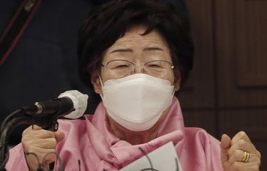Lee Yong-soo, a South Korean woman who was sexually enslaved by Japan’s World War II military, speaks during a press conference at the Press Center in Seoul, South Korea, Tuesday, Feb. 16, 2021. Lee called for the leaders of both countries to settle an impasse over the issue by seeking judgment from the International Court of Justice. (AP Photo/Ahn Young-joon) SEL109 SEL109