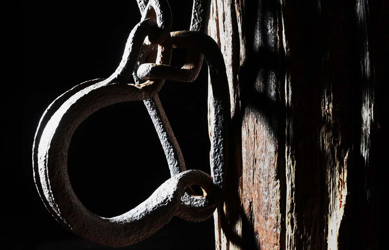 Slave shackles on display at the Freedom House Museum in Alexandria, Va. The slave trade site was used to house enslaved people before being transported to the South. MUST CREDIT: Washington Post photo by Matt McClain.