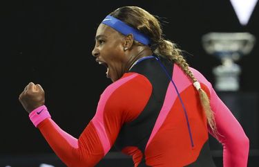 United States’ Serena Williams reacts after winning a point against Romania’s Simona Halep during their quarterfinal match at the Australian Open tennis championship in Melbourne, Australia, Tuesday, Feb. 16, 2021.(AP Photo/Hamish Blair) XMB238 XMB238
