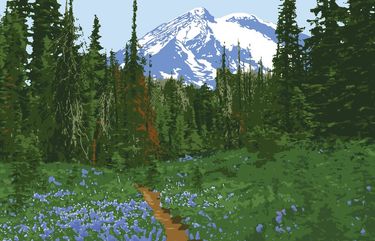 Meadows of wildflowers frame the Pacific Crest Trail as Mount Adams emerges in the distance. Credit: Joshua M. Powell/Courtesy Sasquatch Books (from the facing page of the title page of “The Pacific Crest Trail: A Visual Compendium†by Joshua M. Powell)