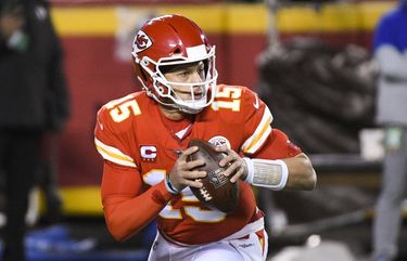 Kansas City Chiefs quarterback Patrick Mahomes during the first half of the NFL AFC championship football game against the Buffalo Bills, Sunday, Jan. 24, 2021, in Kansas City, Mo. (AP Photo/Reed Hoffmann) NYOTK NYOTK