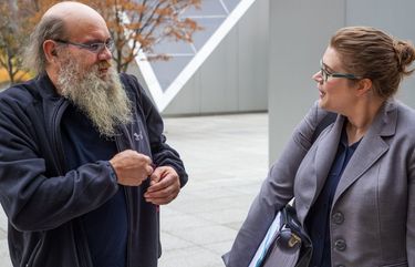 Steven Long and his attorney Ali Bilow after a State Court of Appeals hearing in Seattle on Thursday November 7, 2019. 
Long, took the city to court when the truck he was living in was impounded. A county judge ruled in his favor based on the Homestead Act, but the city has taken the case to the State Court of Appeals. 

 212037