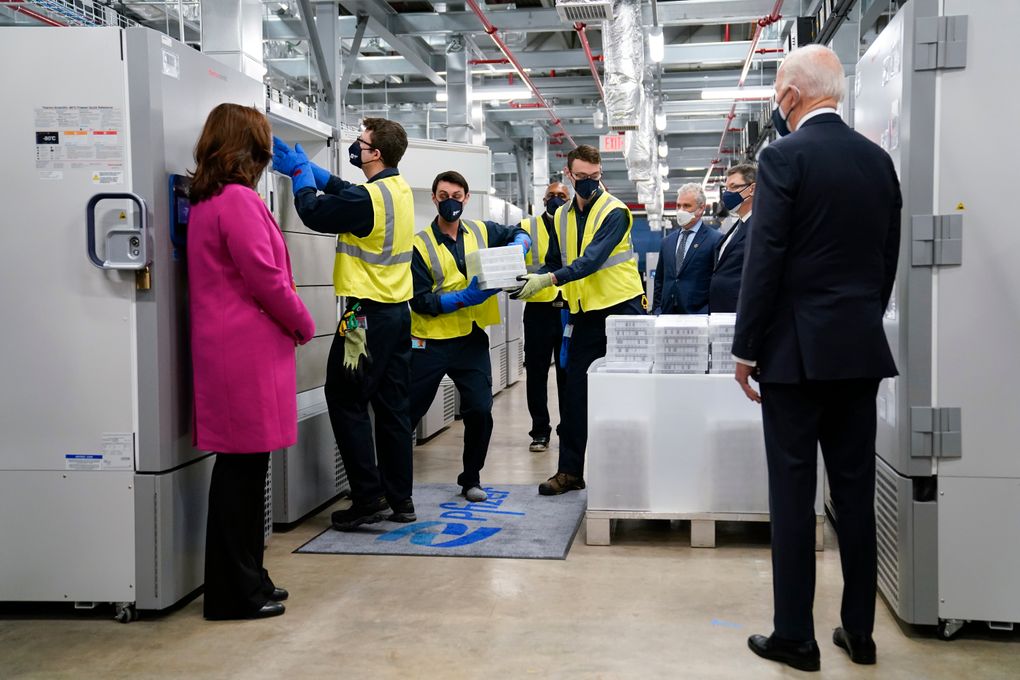 FILE – In this Feb. 19, 2021, file photo President Joe Biden, right, and Michigan Gov. Gretchen Whitmer, left, tour a Pfizer manufacturing site in Portage, Mich. (AP Photo/Evan Vucci, File)