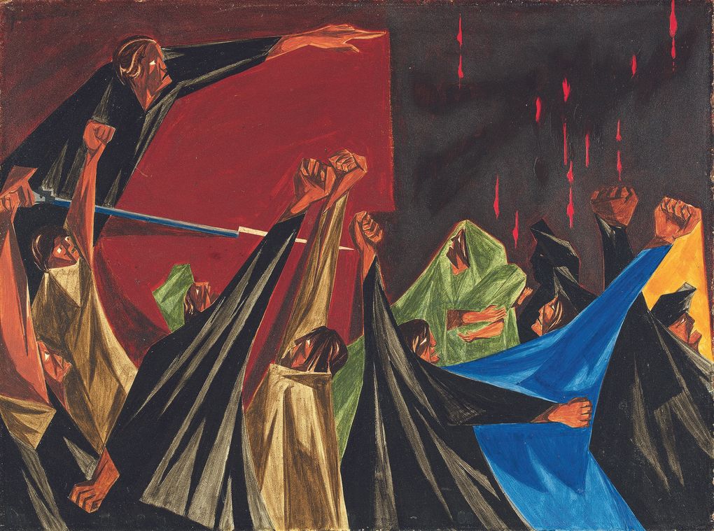 “… is life so dear or peace so sweet as to be purchased at the price of chains and slavery? — Patrick Henry, 1775,” Panel 1 (1955) from “Struggle: From the History of the American People” by Jacob Lawrence. (The Jacob and Gwendolyn Lawrence Foundation / Artists Rights Society)