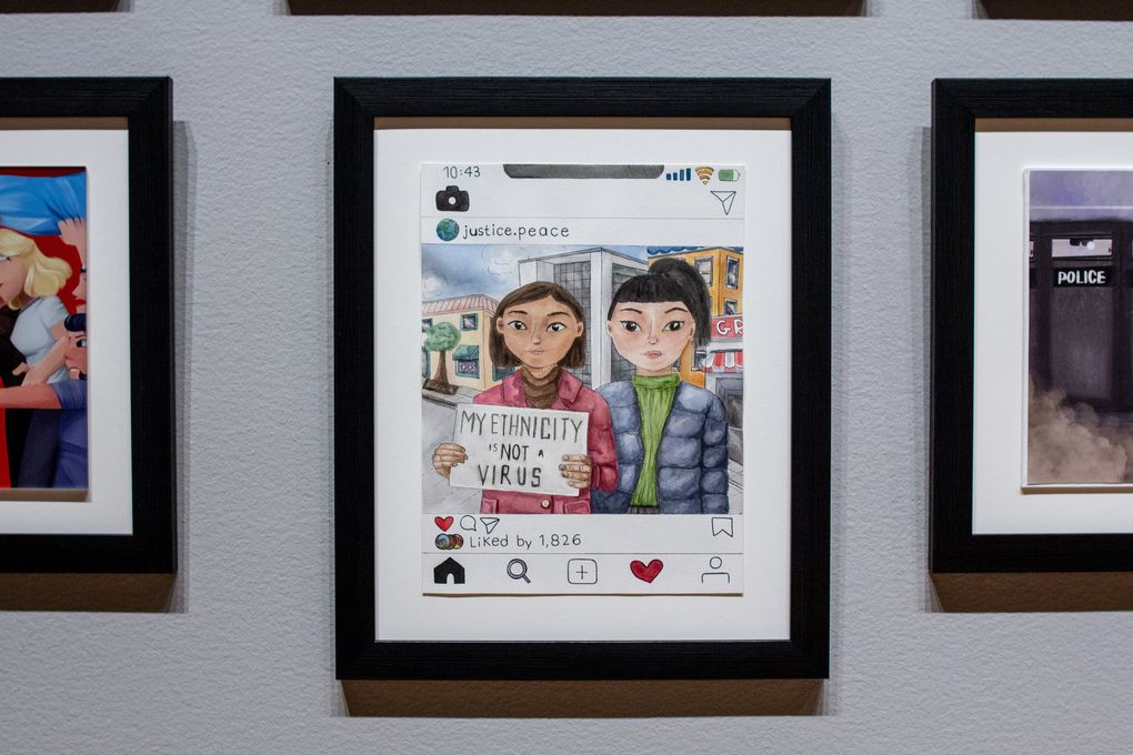 Annelie Han’s work, depicting Asian Americans protesting pandemic-related hate crimes, is part of Seattle Art Museum’s “Jacob Lawrence: The American Struggle” exhibit. (Natali Wiseman)