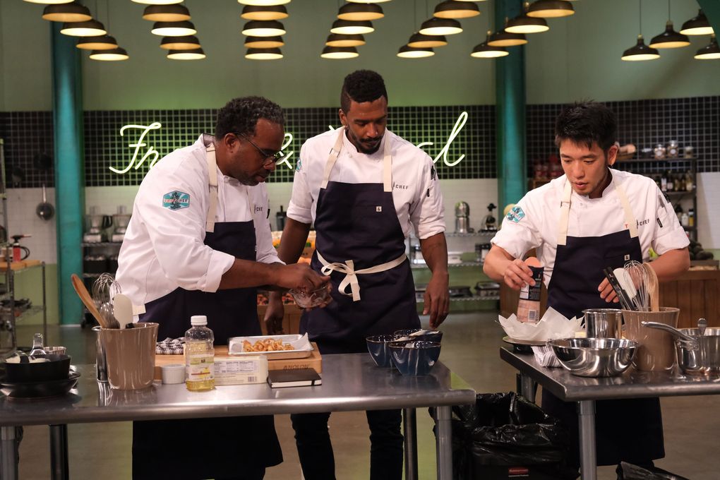 Seattle’s Shota Nakajima, far right, during a challenge on Season 18 of “Top Chef,” premiering April 1. Nakajima is no stranger to reality TV kitchens — he was on the Food Network’s “Iron Chef Gauntlet” in 2017, and the next year he bested the namesake host in a tempura challenge on “Beat Bobby Flay.” (David Moir / Bravo)