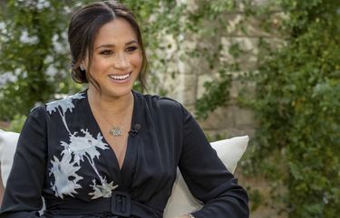 This image provided by Harpo Productions shows Meghan, Duchess of Sussex, left, speaking with Oprah Winfrey during an interview. “Oprah with Meghan and Harry: A CBS Primetime Special” airs March 7 as a two-hour exclusive primetime special on the CBS Television Network. (Joe Pugliese/Harpo Productions via AP) GAAK701 GAAK701