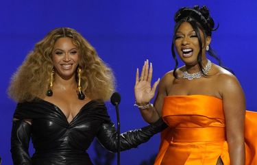Beyonce, left, and Megan Thee Stallion accept the award for best rap song for “Savage” at the 63rd annual Grammy Awards at the Los Angeles Convention Center on Sunday, March 14, 2021. (AP Photo/Chris Pizzello) CADC873 CADC873