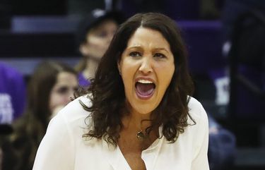 University of Washington women’s head basketball coach Jody Wynn is not happy with a ref during the second half against UCLA, Sunday, Feb. 23, 2020, in Seattle. 213079