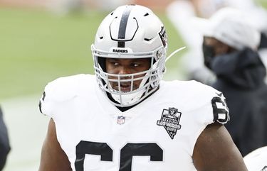 Las Vegas Raiders offensive guard Gabe Jackson (66) stands on the sideline during the first quarter of an NFL football game against the Cleveland Browns, Sunday, Nov. 1, 2020, in Cleveland. (AP Photo/Ron Schwane)
