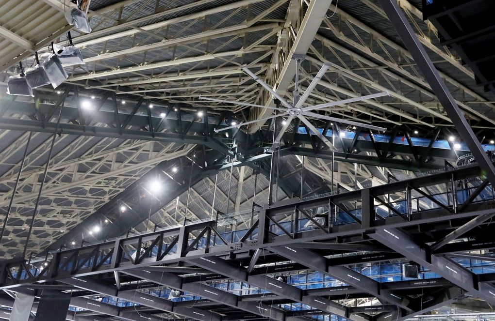 Acoustic treatments to be installed inside the pyramid roof are aimed to enhance live music experiences at Climate Pledge Arena. (Ken Lambert / The Seattle Times)