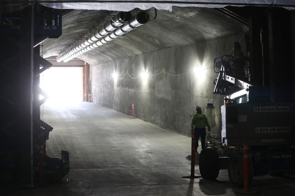 Still under construction, Climate Pledge Arena has an enormous service tunnel, capable of two-way truck traffic. (Ken Lambert / The Seattle Times)