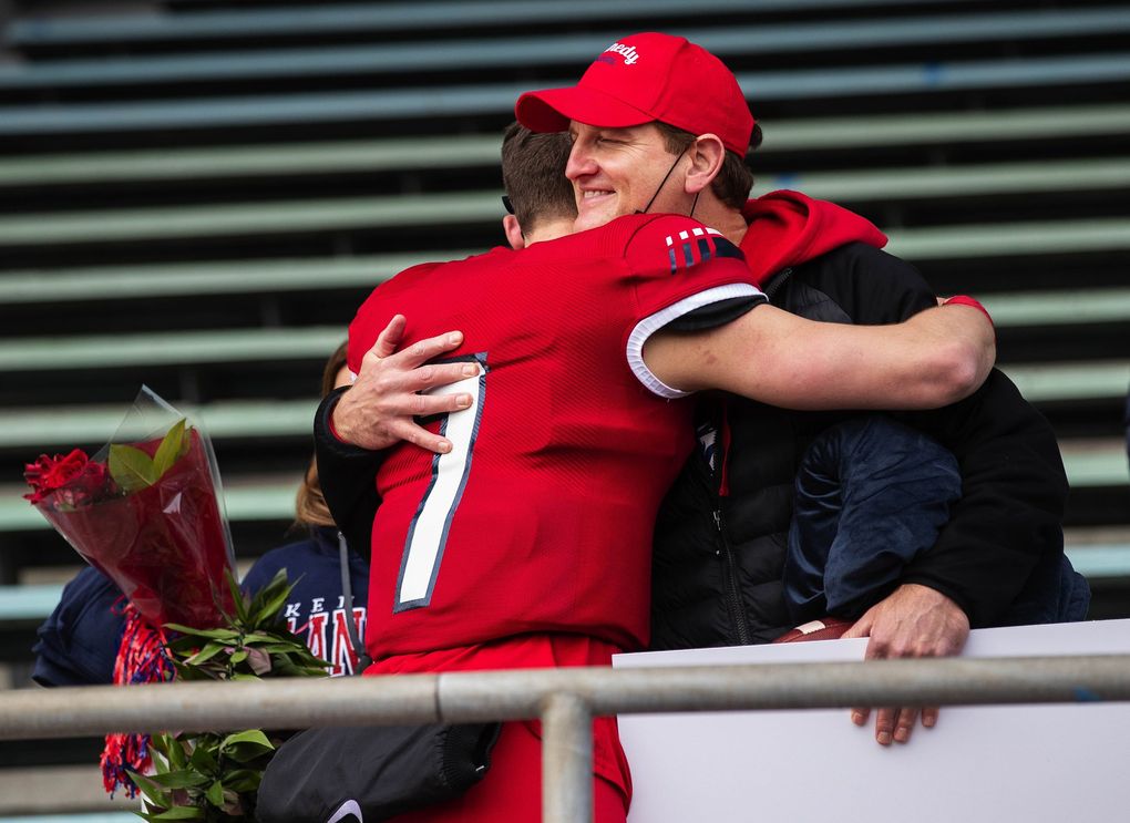 Sam Huard became the state’s all-time passing leader with Kennedy’s 60-17 win over Kentwood Saturday, March 27, 2021. 216674 (Dean Rutz / The Seattle Times)
