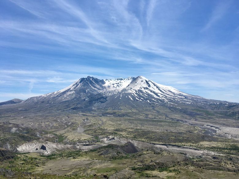 Mount St. Helens seen from the northwest in late spring. The Pumice Plain is in the foreground. The contested U.S. Forest Service road would run through part of the plain. (Eric Wagner)