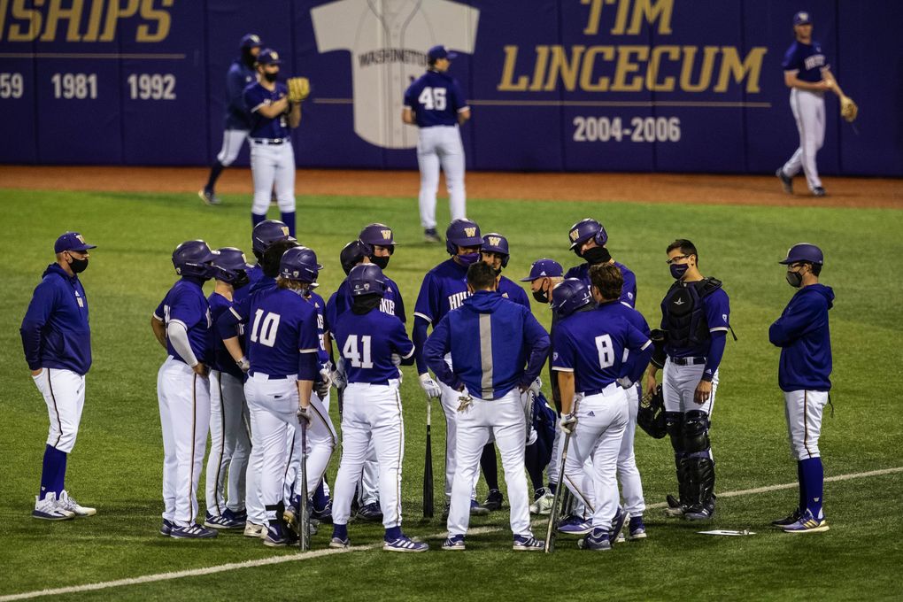Washington’s baseball team gets ready to take on Seattle U Friday, March 12, 2021 (Dean Rutz / The Seattle Times)