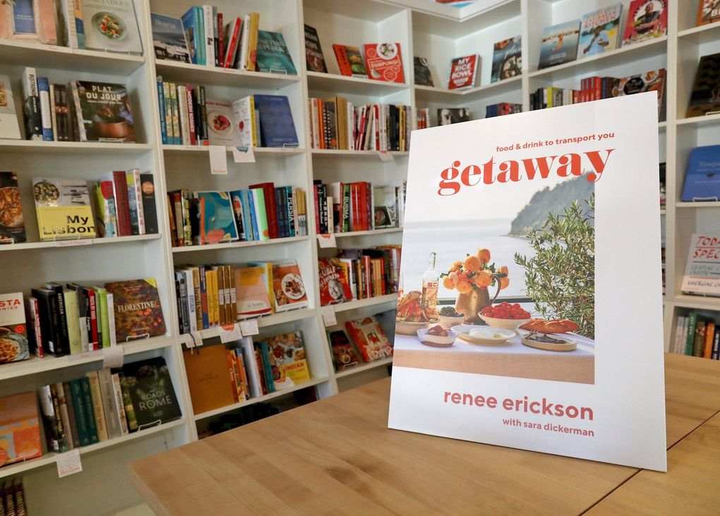 At Book Larder, a cooking-focused bookstore in Fremont, there is a corner featuring Northwest chefs. Renee Erickson’s latest book, “Getaway: Food & Drink to Transport You,” will be for sale soon at the store. The book is due April 27, 2021. (Greg Gilbert / The Seattle Times)