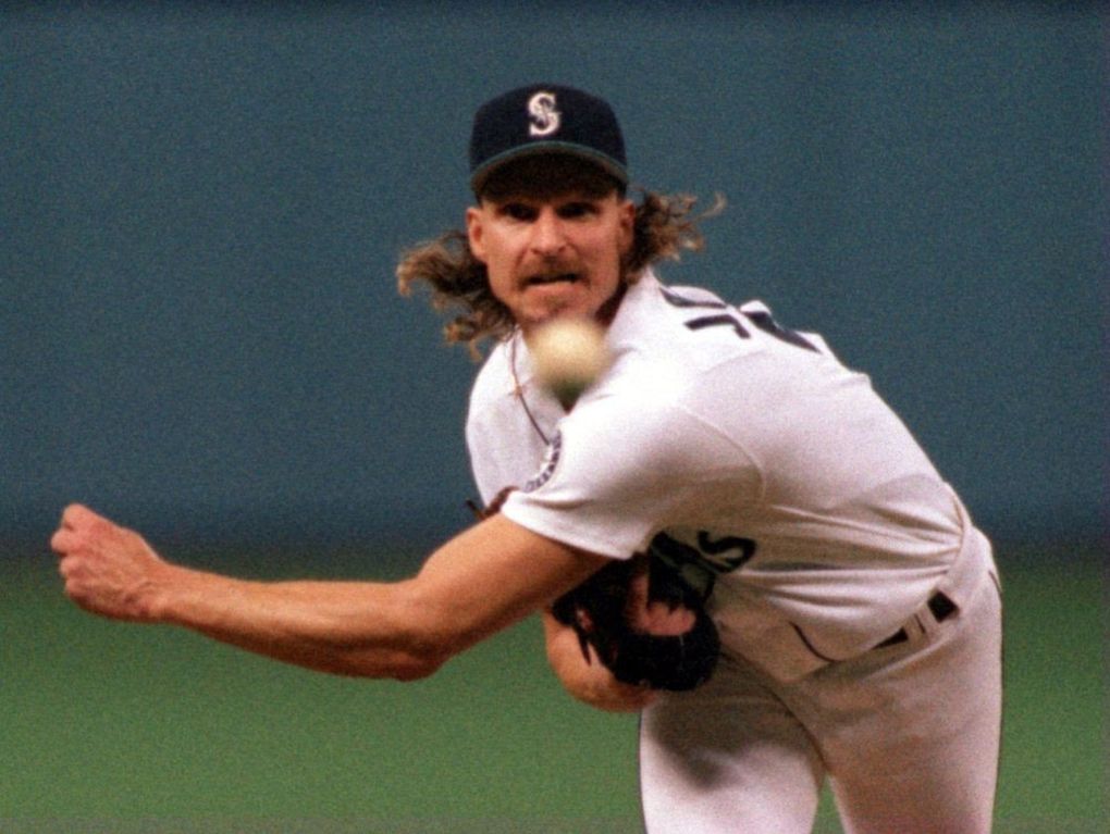 Randy Johnson, in a rare relief appearance, pitched the final three innings, striking out six, to help send the Mariners to the American League Championship Series in 1995. (Tom Reese / The Seattle Times)