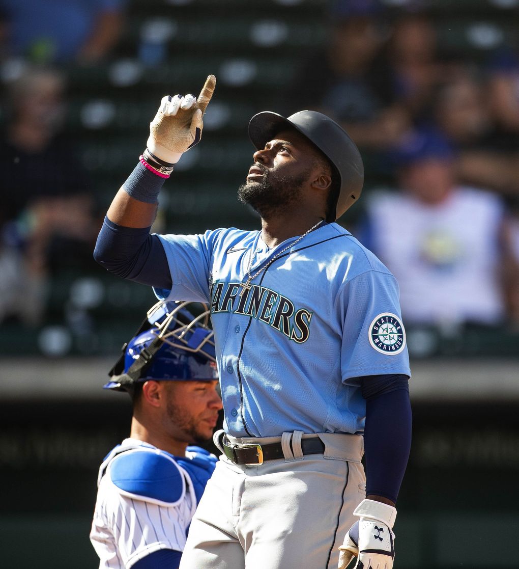 Taylor Trammel crosses home after slapping a solo home run to center in the fifth inning against the Chicago Cubs on Wednesday, March 3, 2020, at Sloan Park in Mesa, Arizona. (Dean Rutz / The Seattle Times)