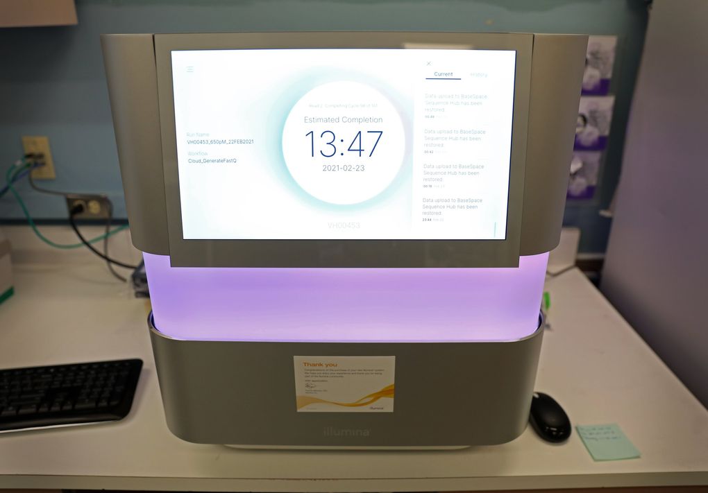 One of two new rapid sequencers the state bought for the lab in Shoreline to better track variations of the coronavirus. Researchers want to stay ahead of new versions of the coronavirus and make sure vaccines are still effective against them. (Ken Lambert / The Seattle Times)