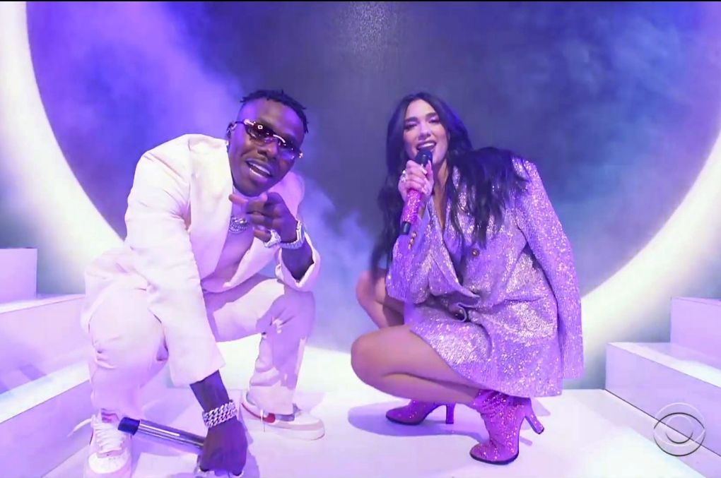 In this video grab provided by CBS and the Recording Academy, DaBaby, left, and Dua Lipa perform “Levitating” at the 63rd annual Grammy Awards at the Los Angeles Convention Center on Sunday, March 14, 2021. (CBS / Recording Academy via AP)