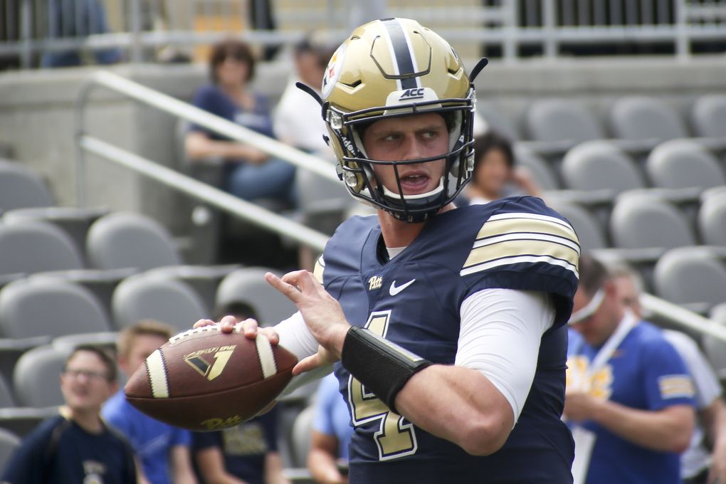 This April 15, 2017 file photo shows Pittsburgh quarterback Max Browne (4) warming up before the annual Pittsburgh Spring NCAA football scrimmage in Pittsburgh. (Keith Srakocic / AP)