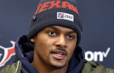 FILE – Houston Texans quarterback Deshaun Watson speaks during a news conference following an NFL divisional playoff football game against the Kansas City Chiefs in Kansas City, Mo., in this Sunday, Jan. 12, 2020, file photo. It’s a sad time for Houston sports fans after multiple superstars have left he city in the last year. Things could get even worse soon after Deshaun Watson requested a trade amid continued turmoil with the Texans. (AP Photo/Ed Zurga, File)