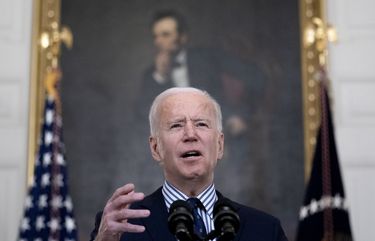 President Joe Biden delivers remarks in the State Dining Room of the White House in Washington, after the Senate passed his $1.9 trillion stimulus bill, March 6, 2021. The measure passed by the Senate, and headed to the House for final approval before going to President Biden’s desk, contains money for direct checks, jobless benefits, state and local aid, and more. (Stefani Reynolds/The New York Times)