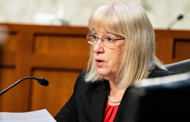 Sen. Patty Murray (D-Wash.), chairwoman of the Senate Committee on Health, Education, Labor and Pensions, speaks during a hearing on the Covid-19 response  on Capitol Hill in Washington, March 18, 2021. (Anna Moneymaker/The New York Times)