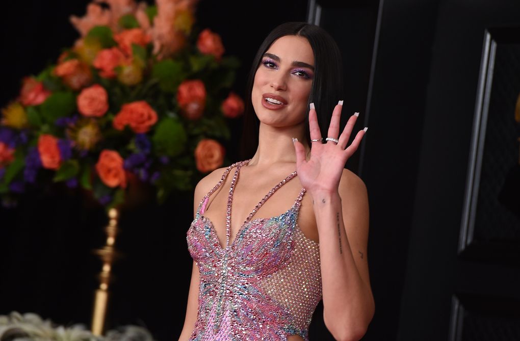 Dua Lipa arrives at the 63rd annual Grammy Awards at the Los Angeles Convention Center on Sunday, March 14, 2021. (Jordan Strauss / Invision / The Associated Press)