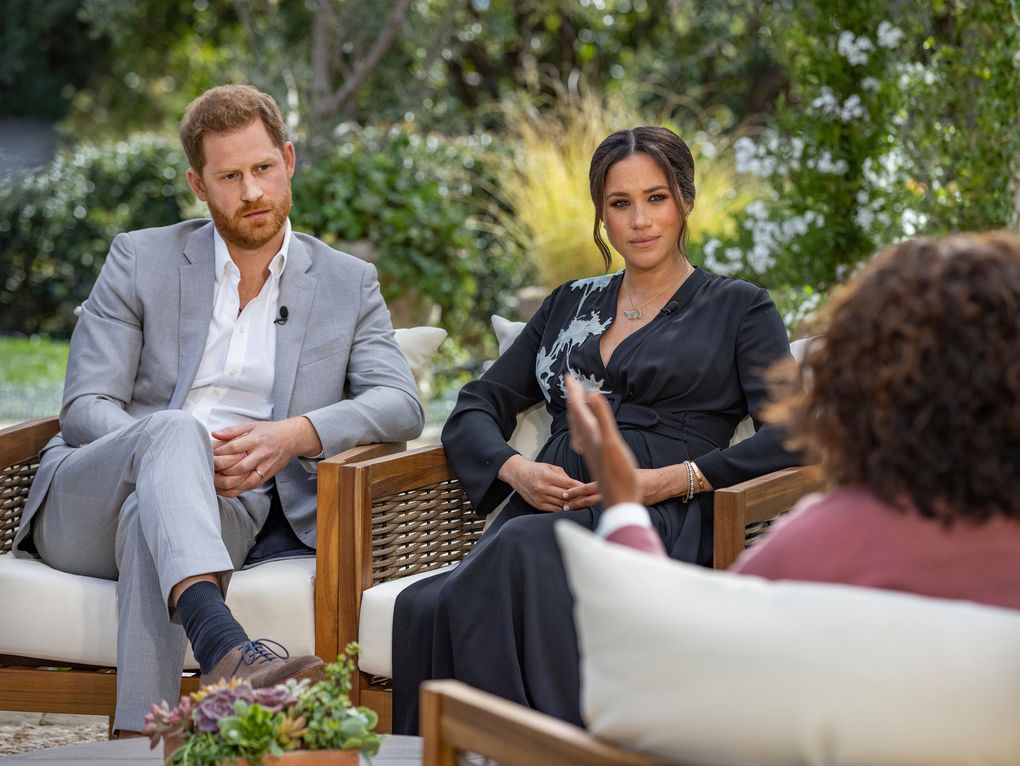 Prince Harry, left, and Meghan, Duchess of Sussex, in conversation with Oprah Winfrey. (Joe Pugliese/Harpo Productions via AP, file)