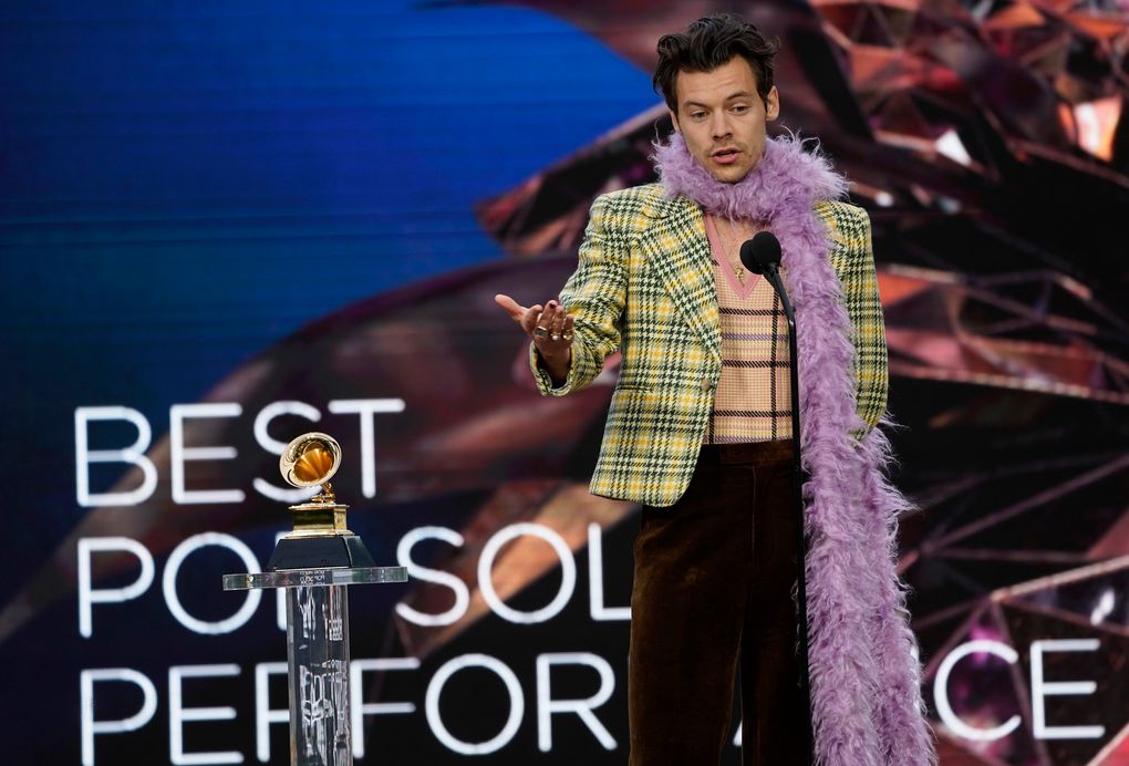 Harry Styles accepts the award for best pop solo performance for “Watermelon Sugar” at the 63rd annual Grammy Awards at the Los Angeles Convention Center on Sunday, March 14, 2021. (AP Photo / Chris Pizzello)