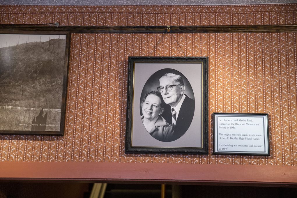 A photo of Dr. Charles J. and Maxine Rose, founders of the Historical Museum and Society in 1981, hangs on the wall as you walk into the Foothills Historical Museum in Buckley, Washington. The original museum ran out of an annex at White River High School before it moved in 1982.
(Amanda Snyder / The Seattle Times)