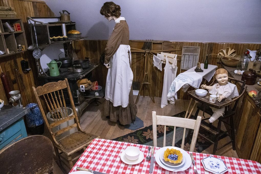 A gallery room featuring a kitchen scene from the 1880s on the second floor of Foothills Historical Museum in Buckley, Pierce County. (Amanda Snyder / The Seattle Times)