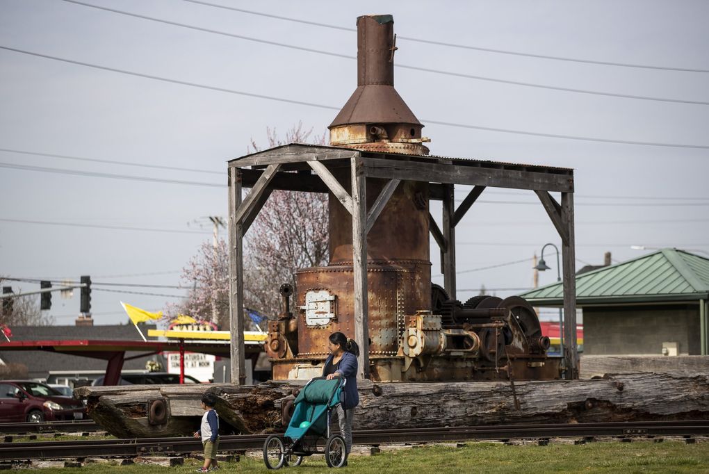 Across the street and part of the Foothills Historical Museum in Buckley, there’s an old steam donkey (a logging winch powered by steam). (Amanda Snyder / The Seattle Times)