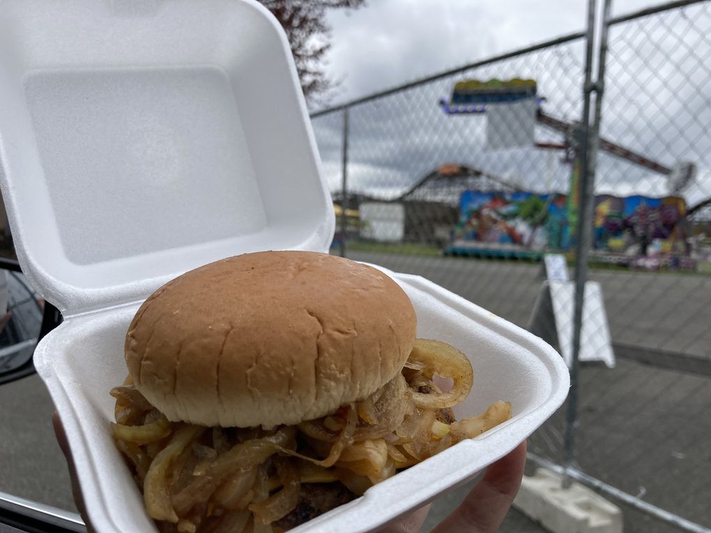 The cheeseburger from Hamburger Myers was packed with caramelized onions. (Amy Wong / The Seattle Times)