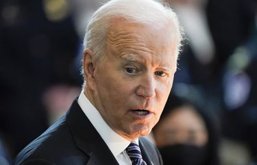President Joe Biden speaks during a ceremony to honor slain U.S. Capitol Police officer William “Billy” Evans as he lies in honor at the Capitol in Washington, Tuesday, April 13, 2021. (AP Photo/J. Scott Applewhite, Pool) DCSA363 DCSA363