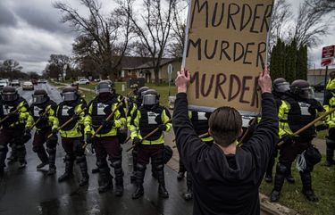 Protesters confront police over the shooting death of Daunte Wright at a rally at the Brooklyn Center Police Department in Brooklyn Center, Minn., Monday, April 12, 20121. (Richard Tsong-Taatarii/Star Tribune via AP) MNMIT506 MNMIT506