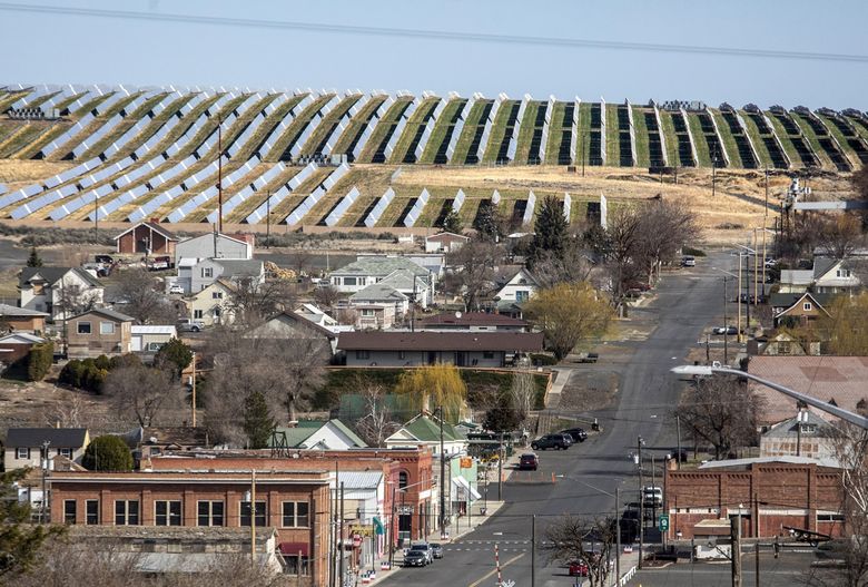 The Adams Nielson solar project is close to the tiny town of Lind in South-Central Washington. It went into operation in 2018, with 81,700 panels covering more than 200 acres. It provides enough power for about 4,000 homes. (Steve Ringman / The Seattle Times)