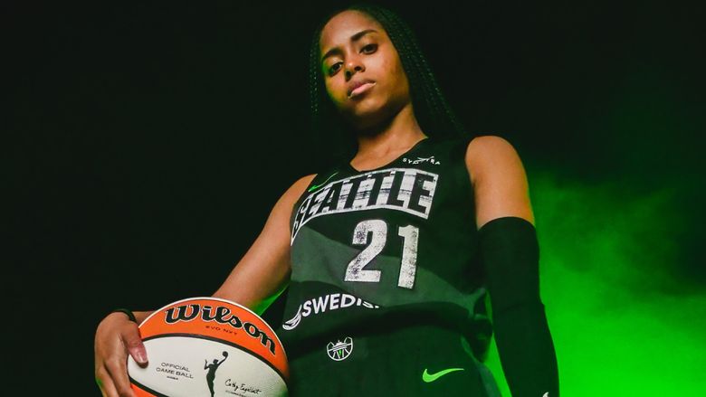 Seattle Storm guard Jordin Canada models the team’s new uniforms for 2021. (Seattle Storm)