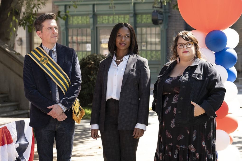 Ed Helms, Dana L. Wilson and Jana Schmieding star in “Rutherford Falls.” (Colleen Hayes / Peacock)