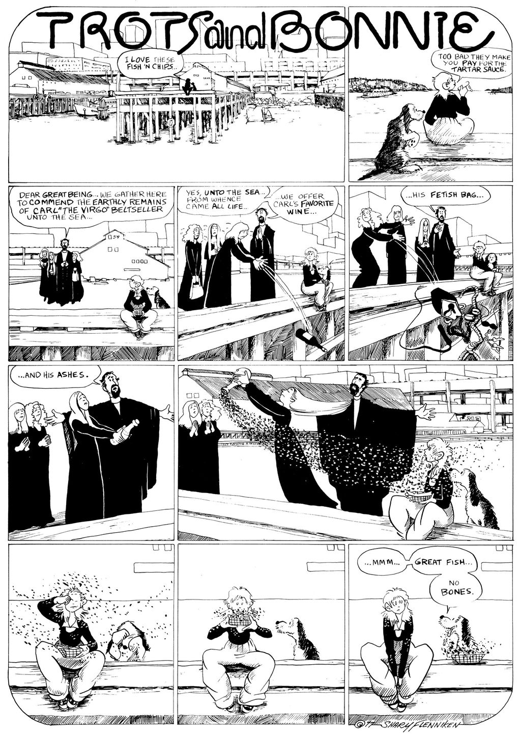 In this “Trots and Bonnie” strip from 1977, the title characters get some unexpected seasoning on their fish and chips at the Seattle waterfront. (Courtesy of New York Review of Books)