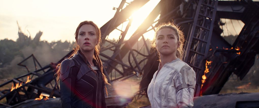 Natasha Romanoff (Scarlett Johansson, left) and Yelena (Florence Pugh) carry the torch for the Marvel Cinematic Universe in Marvel’s “Black Widow,” in theaters this summer. (Courtesy of Marvel Studios)
