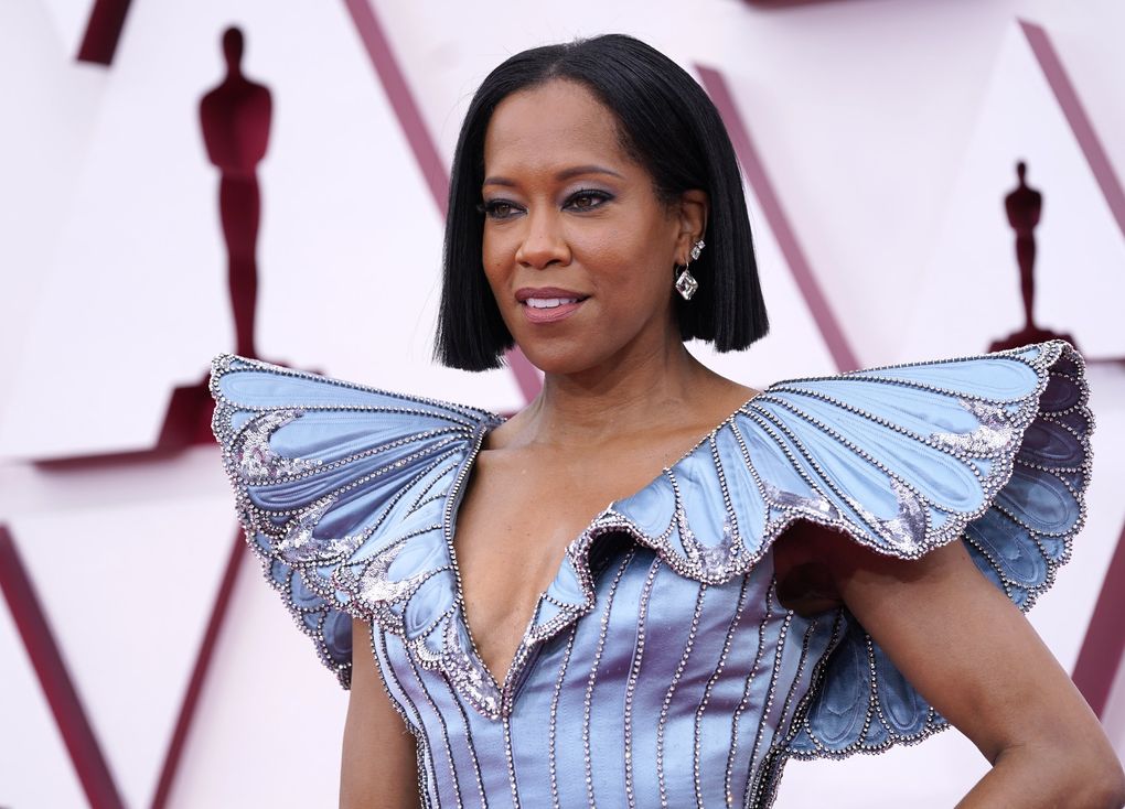 Regina King arrives at the Oscars on Sunday, April 25, 2021, at Union Station in Los Angeles. (Chris Pizzello / The Associated Press)