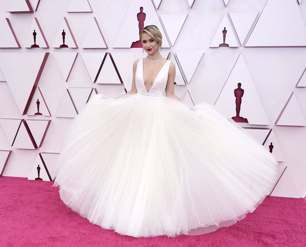 Maria Bakalova arrives at the Oscars on Sunday, April 25, 2021, at Union Station in Los Angeles. (AP Photo/Chris Pizzello, Pool) CALB623 CALB623 (Chris Pizzello / The Associated Press)