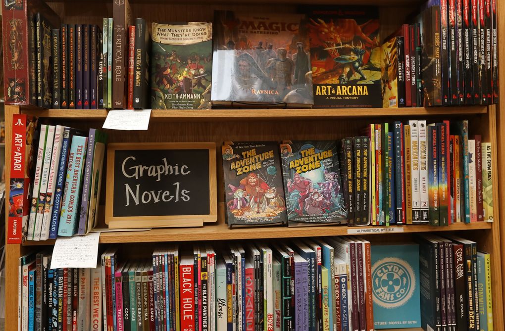Highlighted selections at Brick & Mortar Books in Redmond. (Ken Lambert / The Seattle Times)