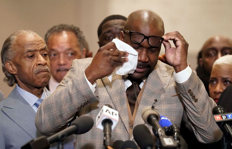 George Floyd’s brother Philonise Floyd wipes his eyes during a news conference after the verdict was read in the trial of former Minneapolis Police officer Derek Chauvin, Tuesday, April 20, 2021, in Minneapolis. (AP Photo/John Minchillo) CER921 CER921